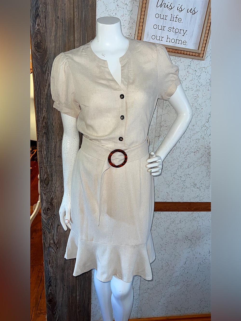 Monteau Los Angeles Beige Linen-Look Belted Ruffle Dress S